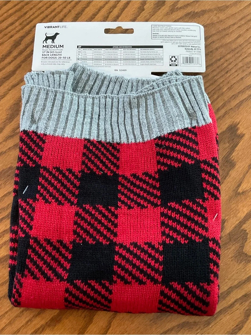 Vibrant Life Red & Black Buffalo Plaid Dog Knit Sweater, Sz Med 20-50 Lbs.